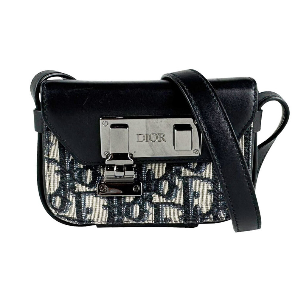 Christian Dior shoulder bag, leather and canvas, black navy, women's, z11047
